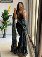 HAND BLOCK4 SOFT MASLIN COTTON WITH HEVY ZARI BODAR BLUE SAREE