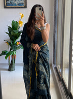 HAND BLOCK4 SOFT MASLIN COTTON WITH HEVY ZARI BODAR BLUE SAREE