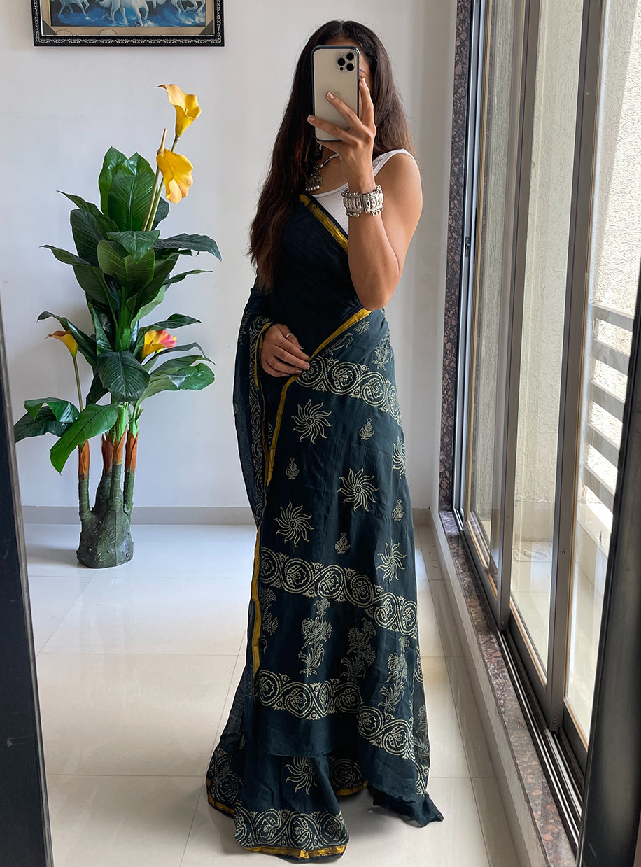 HAND BLOCK4 SOFT MASLIN COTTON WITH HEVY ZARI BODAR BLUE SAREE