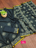 HAND BLOCK4 SOFT MASLIN COTTON WITH HEVY ZARI BODAR BLUE SAREE