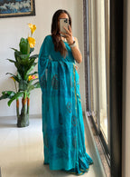 HAND BLOCK5 SOFT MASLIN COTTON WITH HEVY ZARI BODAR SKY BLUE SAREE