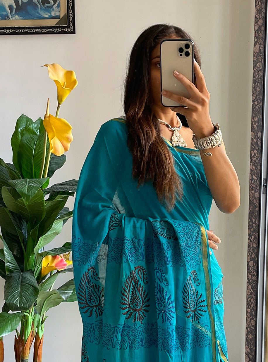 HAND BLOCK5 SOFT MASLIN COTTON WITH HEVY ZARI BODAR SKY BLUE SAREE