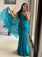 HAND BLOCK5 SOFT MASLIN COTTON WITH HEVY ZARI BODAR SKY BLUE SAREE