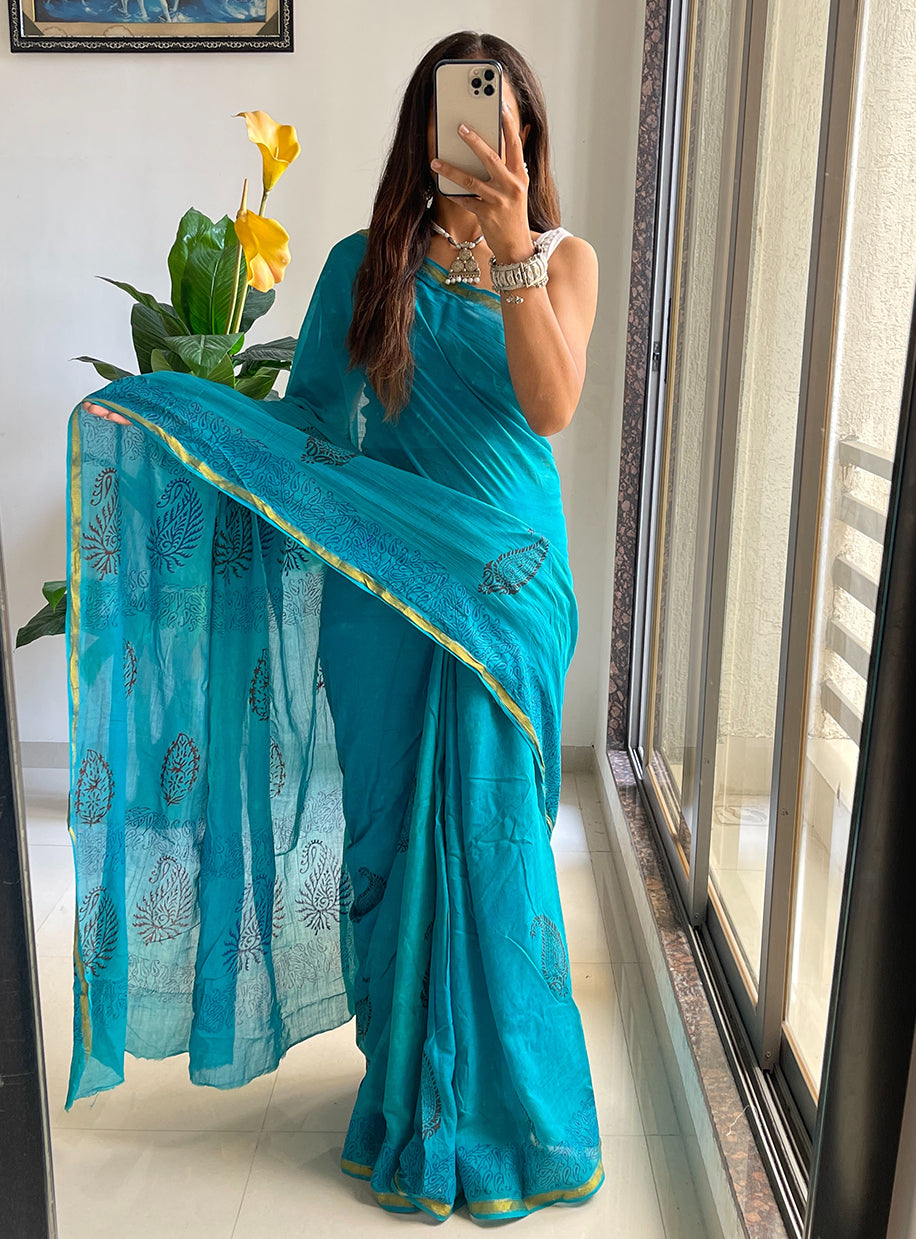 HAND BLOCK5 SOFT MASLIN COTTON WITH HEVY ZARI BODAR SKY BLUE SAREE