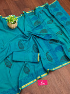 HAND BLOCK5 SOFT MASLIN COTTON WITH HEVY ZARI BODAR SKY BLUE SAREE