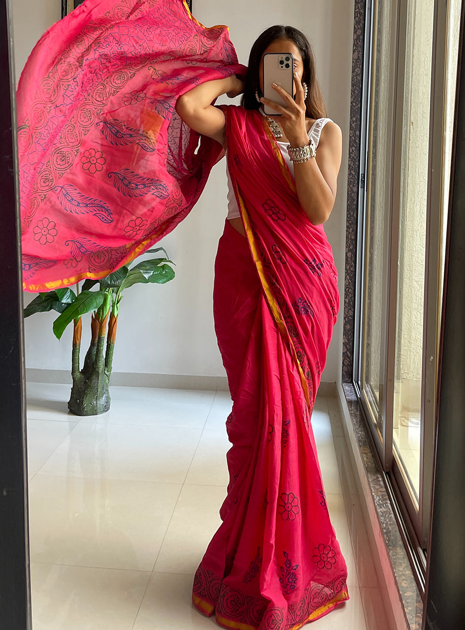 HAND BLOCK6 SOFT MASLIN COTTON WITH HEVY ZARI BODAR PINK SAREE