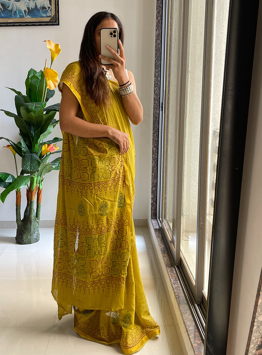 HAND BLOCK7 SOFT MASLIN COTTON WITH HEVY ZARI BODAR MEHANDI GREEN SAREE