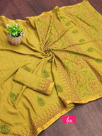 HAND BLOCK7 SOFT MASLIN COTTON WITH HEVY ZARI BODAR MEHANDI GREEN SAREE