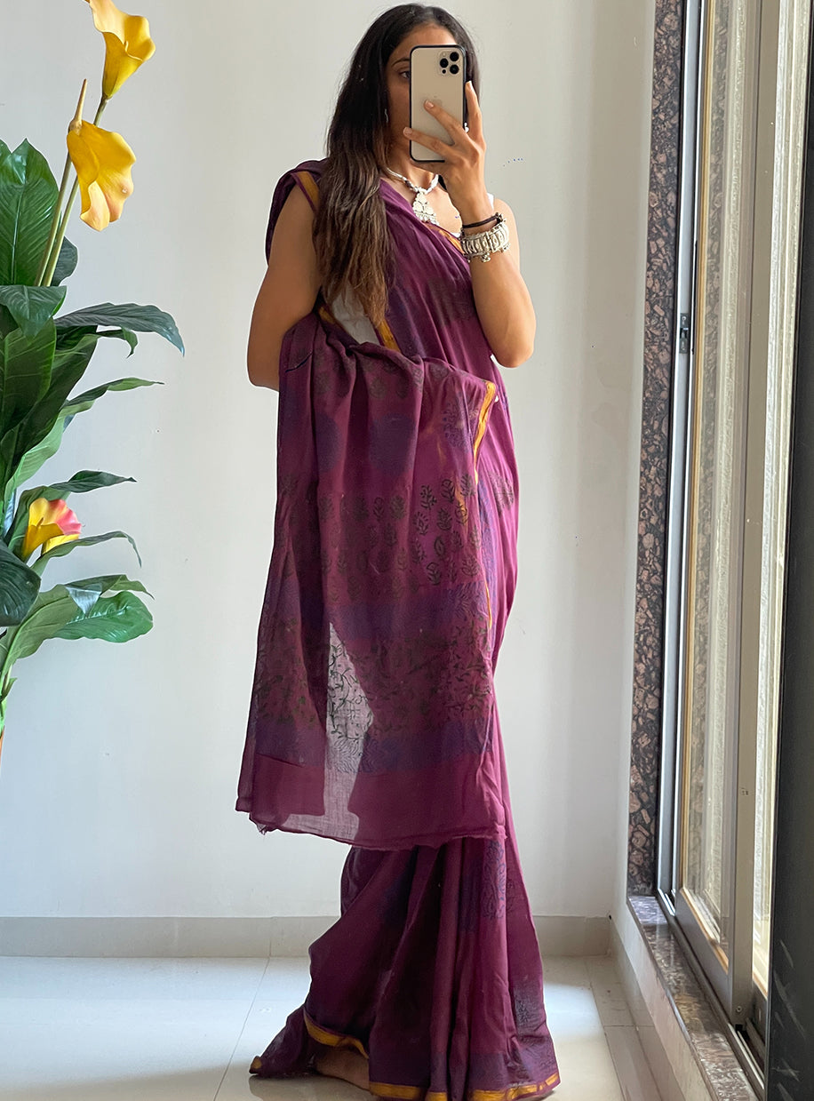 HAND BLOCK8 SOFT MASLIN COTTON WITH HEVY ZARI BODAR PURPLE SAREE