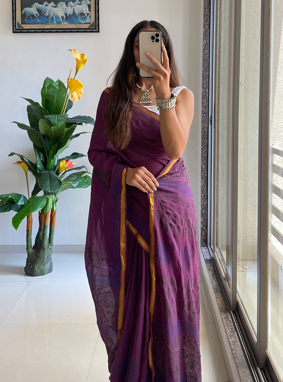 HAND BLOCK8 SOFT MASLIN COTTON WITH HEVY ZARI BODAR PURPLE SAREE