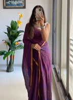 HAND BLOCK8 SOFT MASLIN COTTON WITH HEVY ZARI BODAR PURPLE SAREE