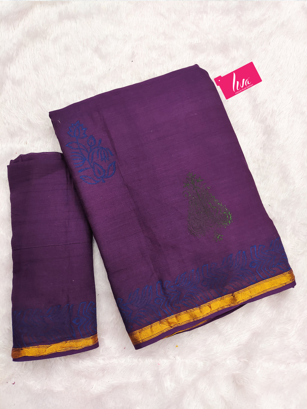 HAND BLOCK8 SOFT MASLIN COTTON WITH HEVY ZARI BODAR PURPLE SAREE