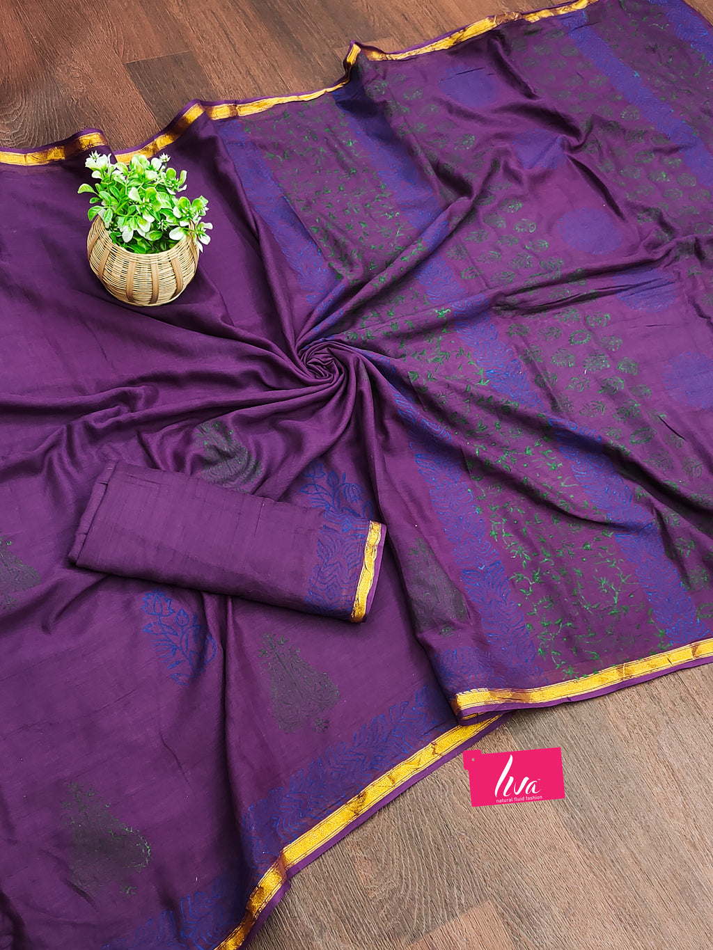 HAND BLOCK8 SOFT MASLIN COTTON WITH HEVY ZARI BODAR PURPLE SAREE