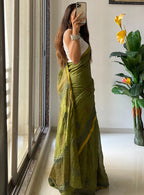 HAND BLOCK9 SOFT MASLIN COTTON WITH HEVY ZARI BODAR GREEN SAREE