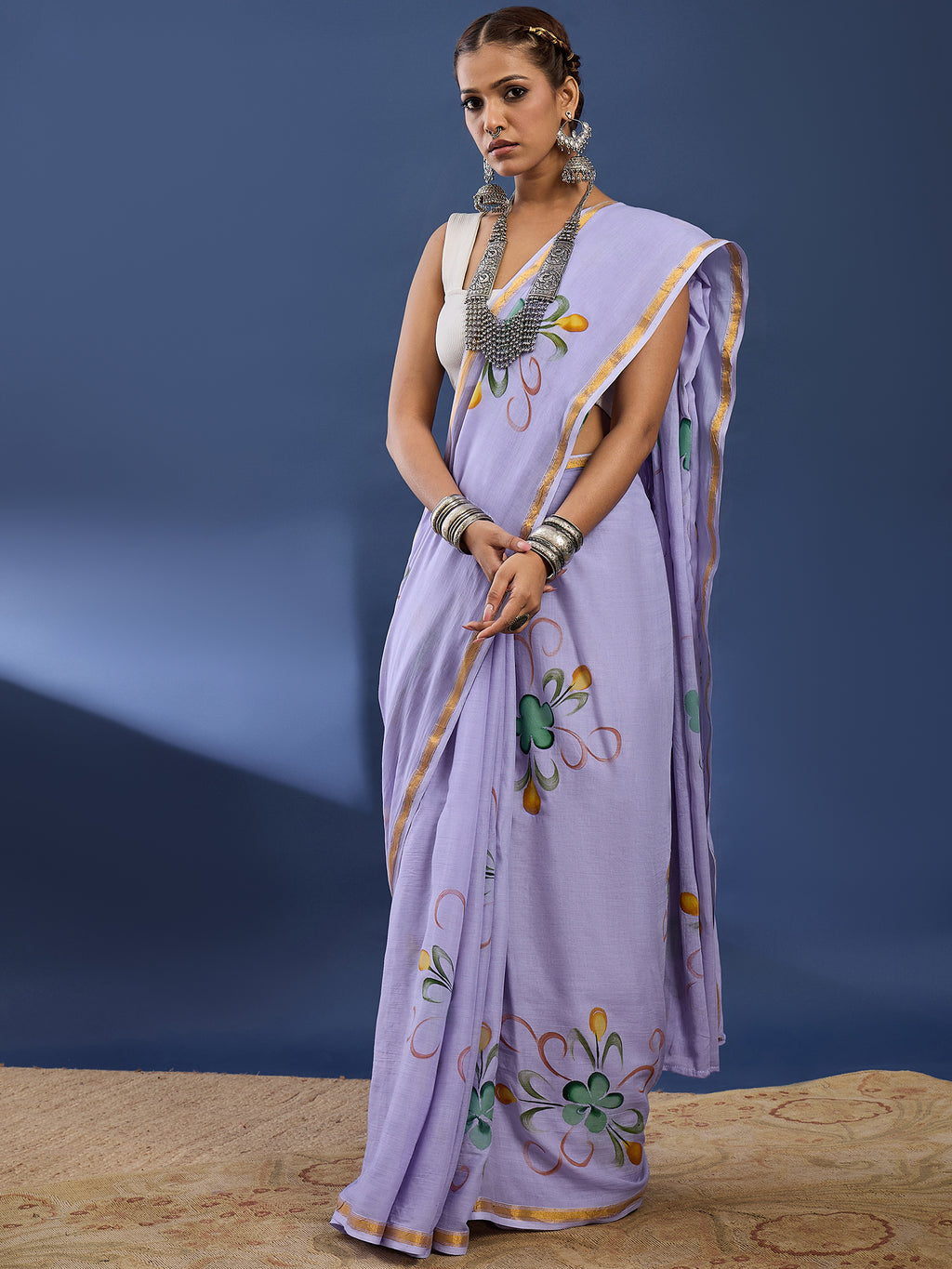 PANIHARI HAND PAINT10 SOFT MASLIN COTTON WITH HEVY ZARI BODAR PURPLE SAREE