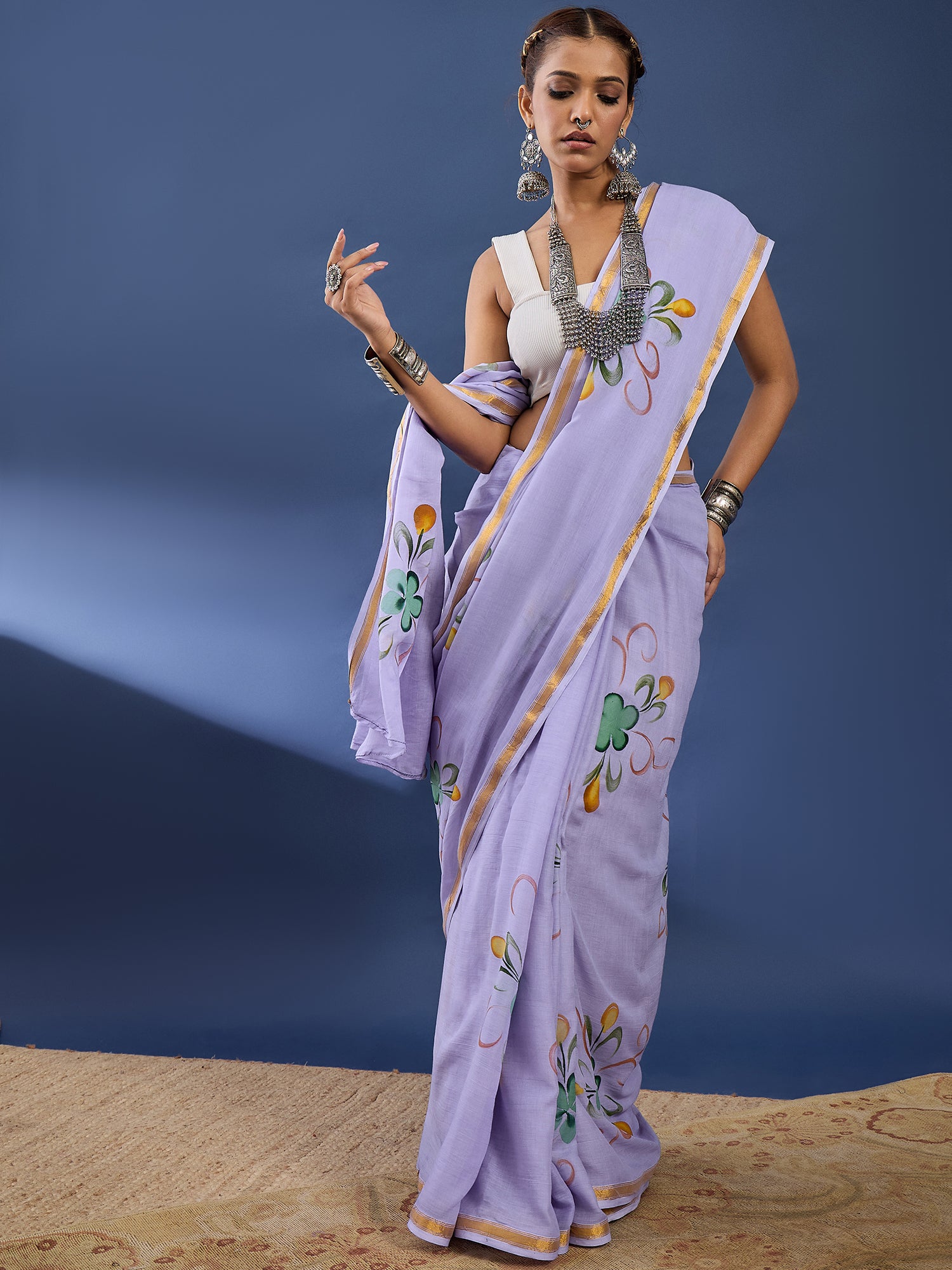 PANIHARI HAND PAINT10 SOFT MASLIN COTTON WITH HEVY ZARI BODAR PURPLE SAREE