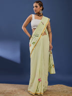 PANIHARI HAND PAINT1 SOFT MASLIN COTTON WITH HEVY ZARI BODAR MEHANDI GREEN SAREE