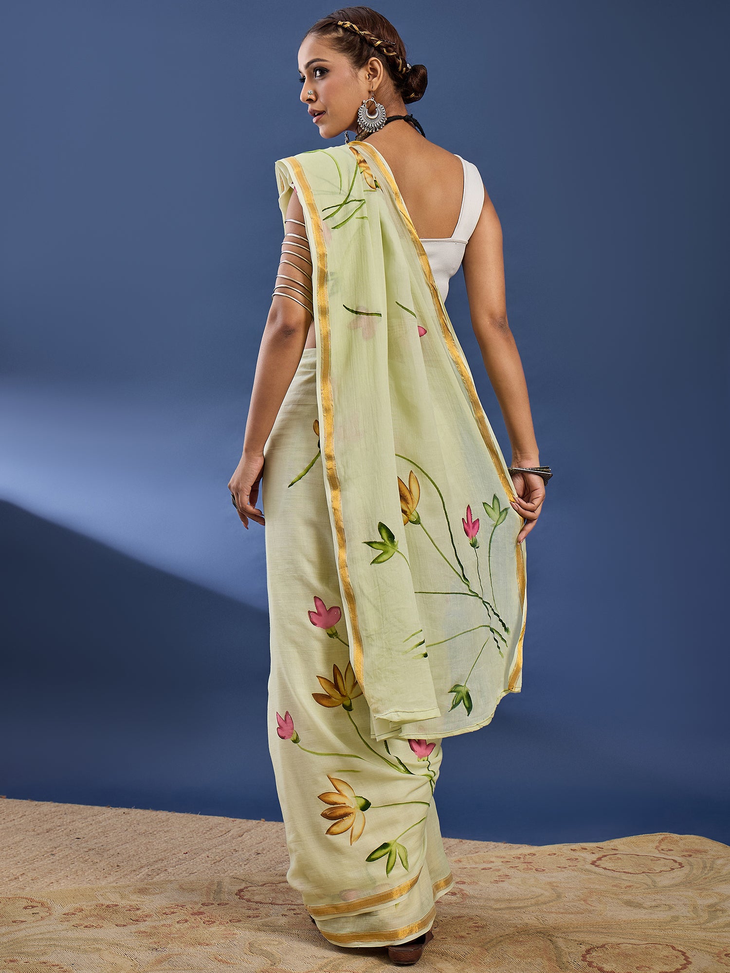 PANIHARI HAND PAINT1 SOFT MASLIN COTTON WITH HEVY ZARI BODAR MEHANDI GREEN SAREE