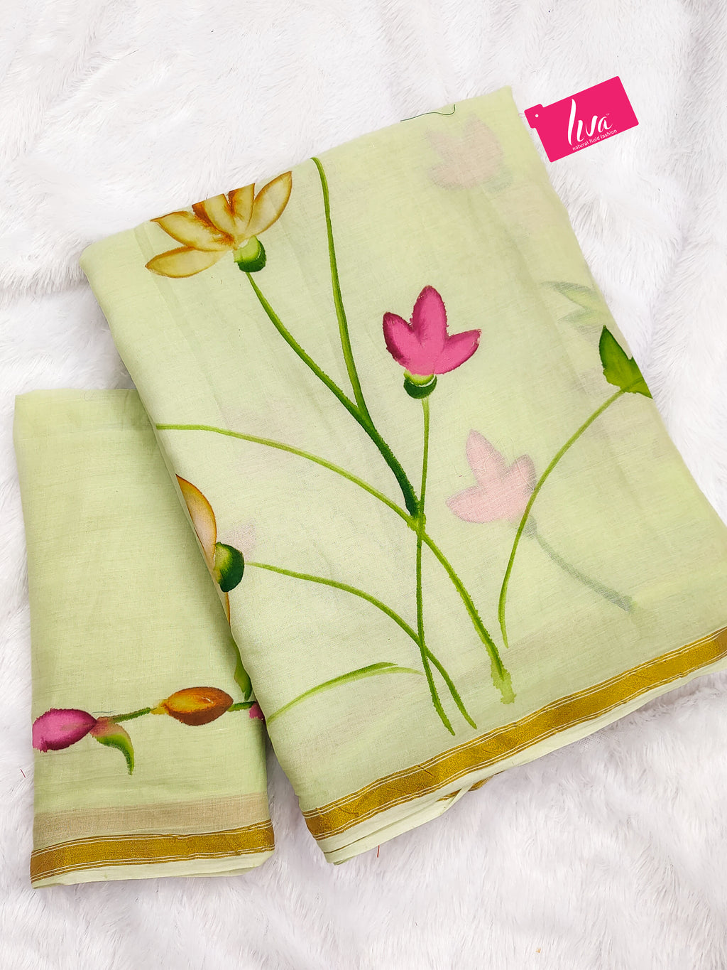 PANIHARI HAND PAINT1 SOFT MASLIN COTTON WITH HEVY ZARI BODAR MEHANDI GREEN SAREE