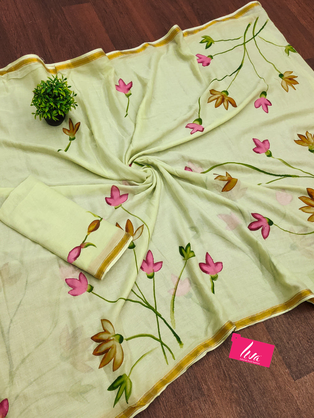 PANIHARI HAND PAINT1 SOFT MASLIN COTTON WITH HEVY ZARI BODAR MEHANDI GREEN SAREE
