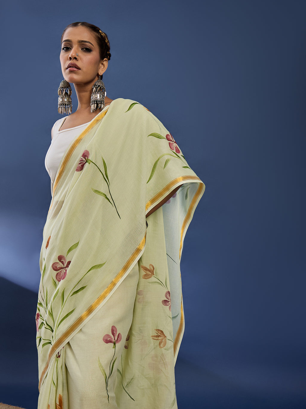 PANIHARI HAND PAINT4 SOFT MASLIN COTTON WITH HEVY ZARI BODAR MULTICOLOR SAREE