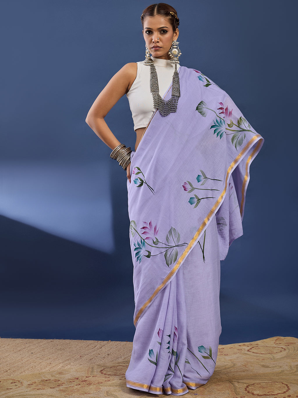 PANIHARI HAND PAINT5 SOFT MASLIN COTTON WITH HEVY ZARI BODAR PURPLE SAREE