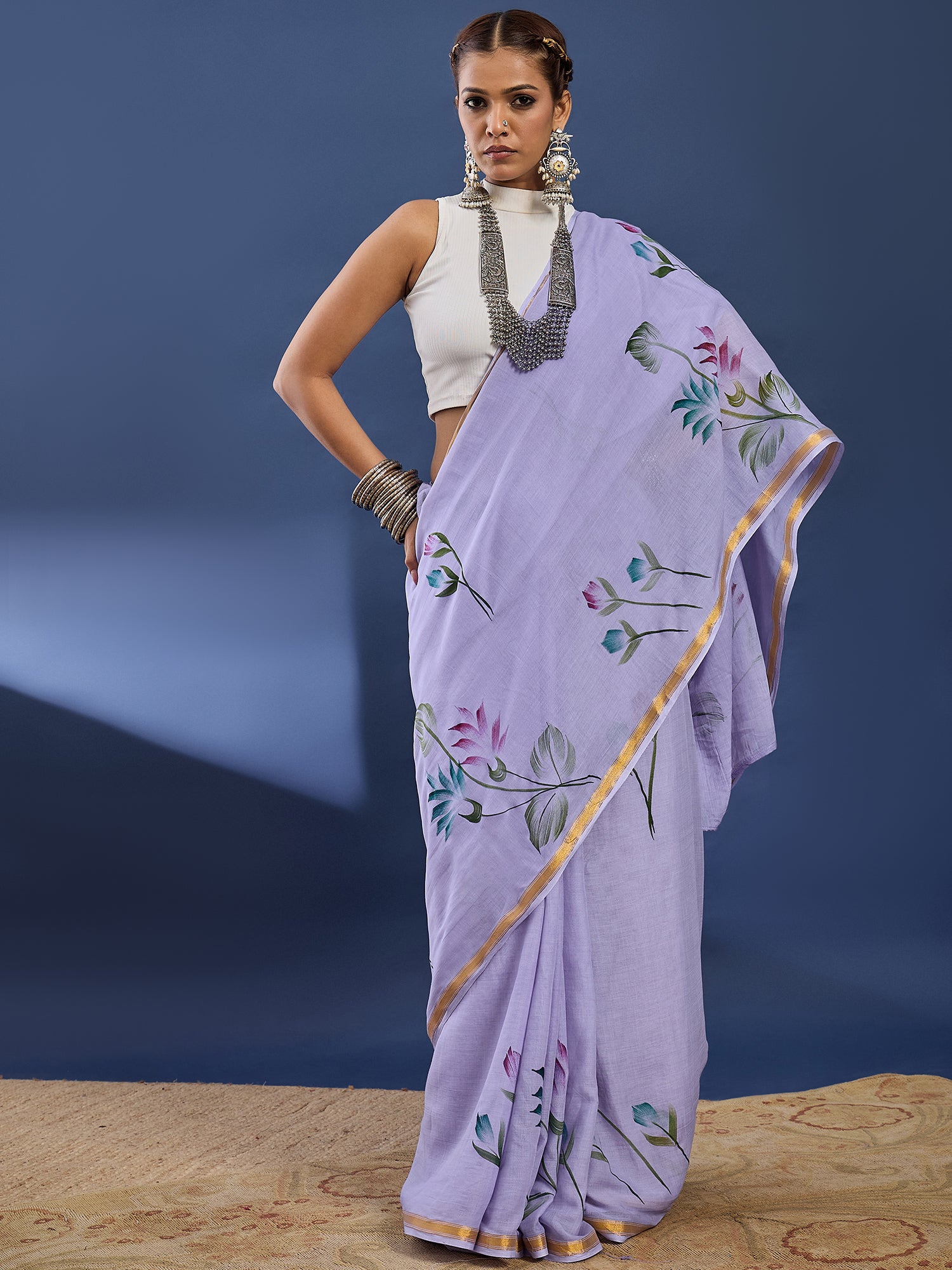 PANIHARI HAND PAINT5 SOFT MASLIN COTTON WITH HEVY ZARI BODAR PURPLE SAREE