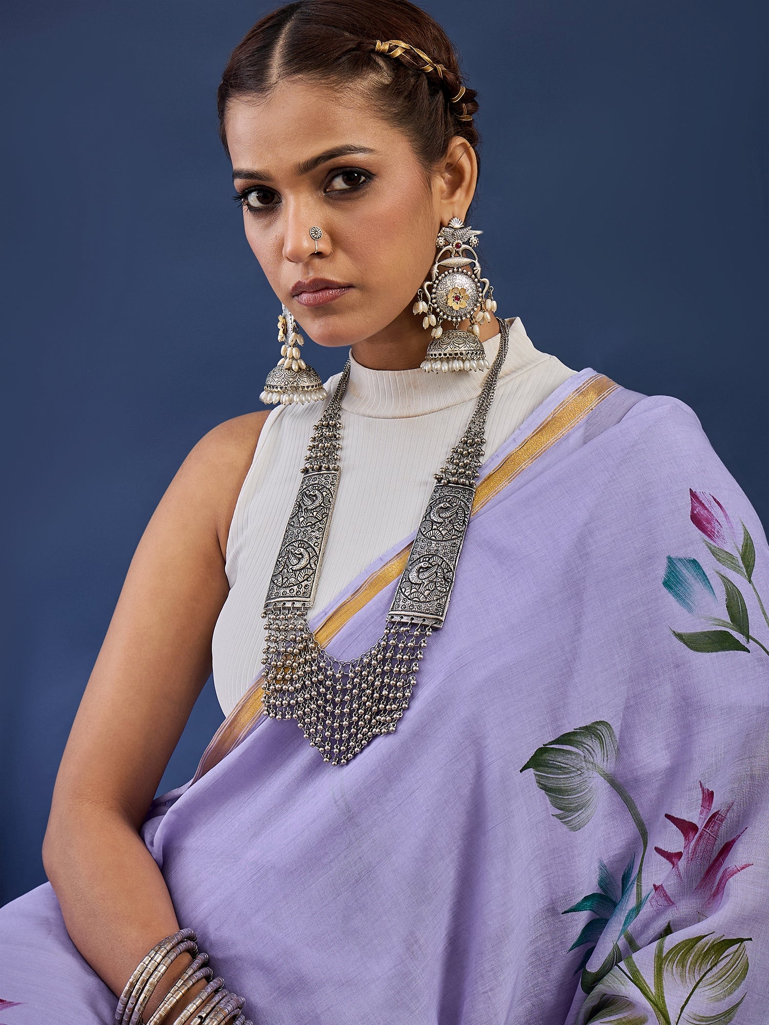 PANIHARI HAND PAINT5 SOFT MASLIN COTTON WITH HEVY ZARI BODAR PURPLE SAREE