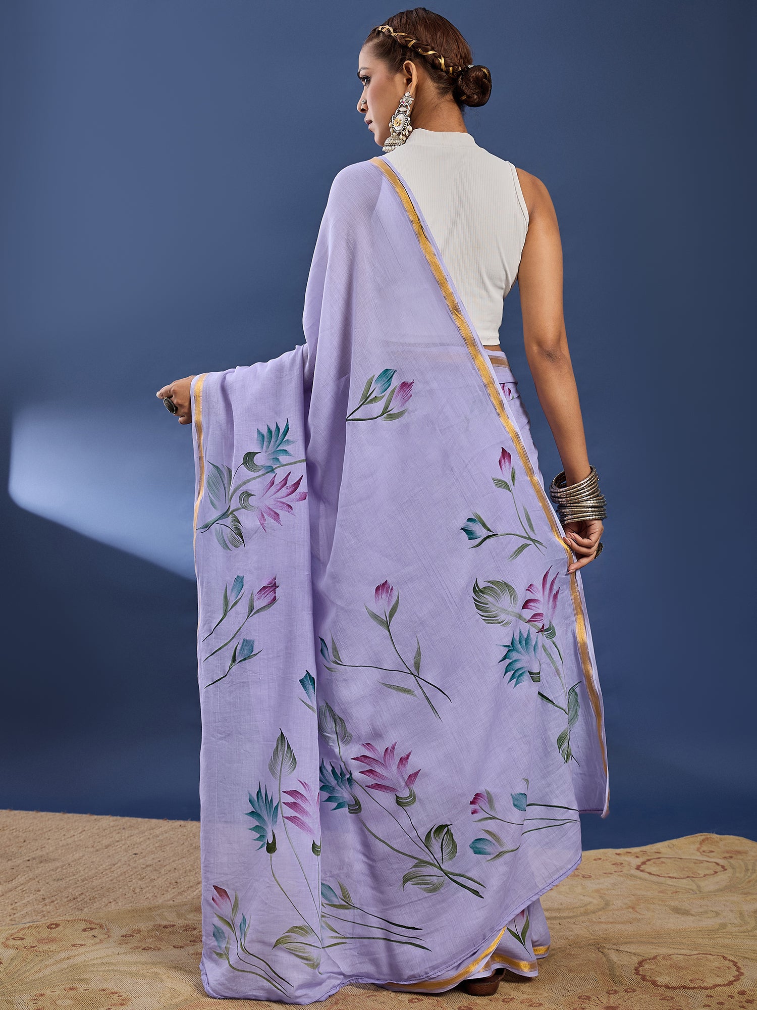 PANIHARI HAND PAINT5 SOFT MASLIN COTTON WITH HEVY ZARI BODAR PURPLE SAREE