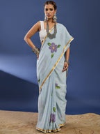 PANIHARI HAND PAINT7 SOFT MASLIN COTTON WITH HEVY ZARI BODAR GREY SAREE