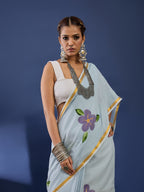 PANIHARI HAND PAINT7 SOFT MASLIN COTTON WITH HEVY ZARI BODAR GREY SAREE