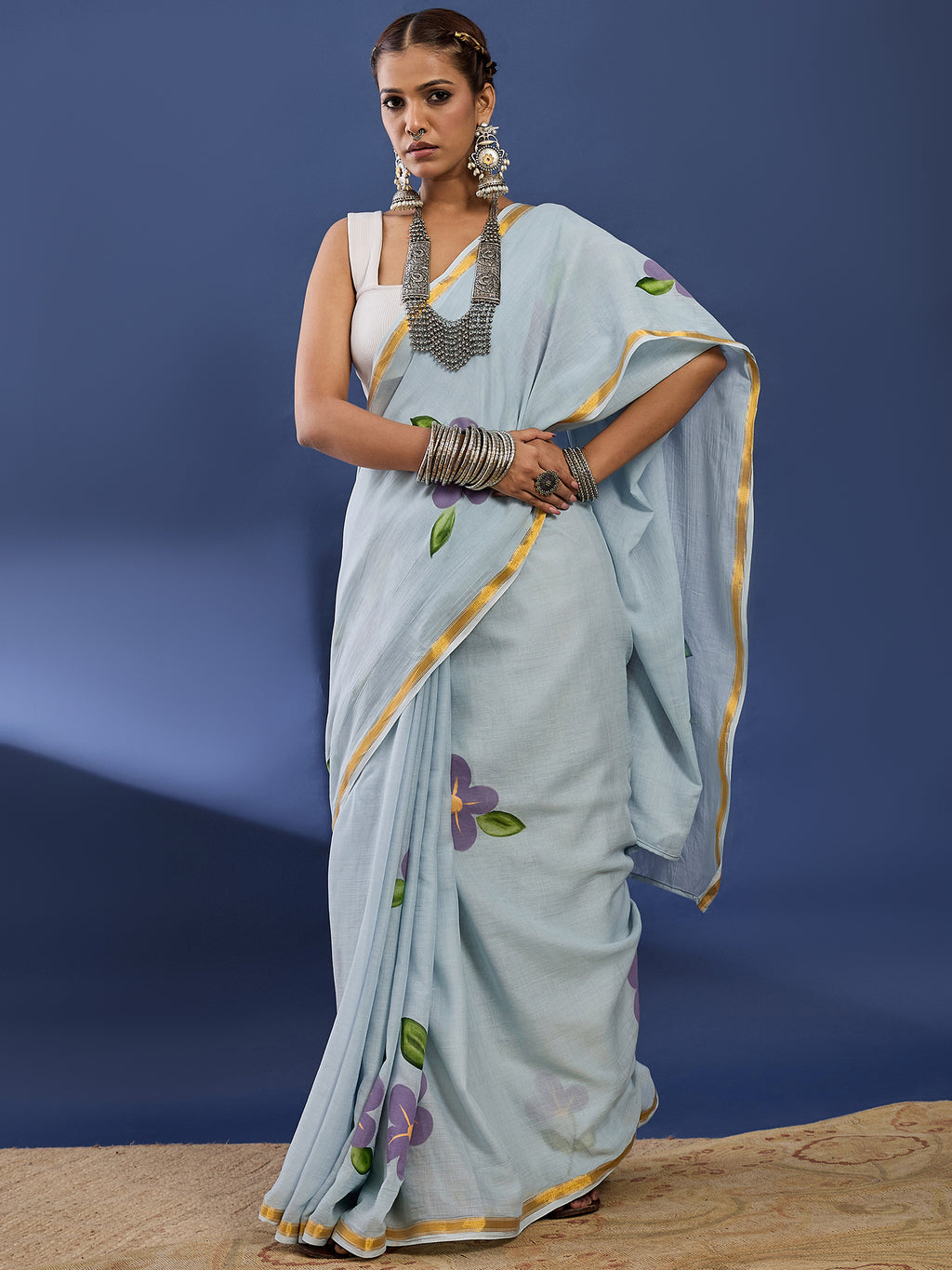 PANIHARI HAND PAINT7 SOFT MASLIN COTTON WITH HEVY ZARI BODAR GREY SAREE