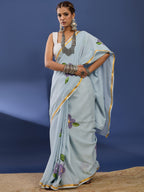 PANIHARI HAND PAINT7 SOFT MASLIN COTTON WITH HEVY ZARI BODAR GREY SAREE