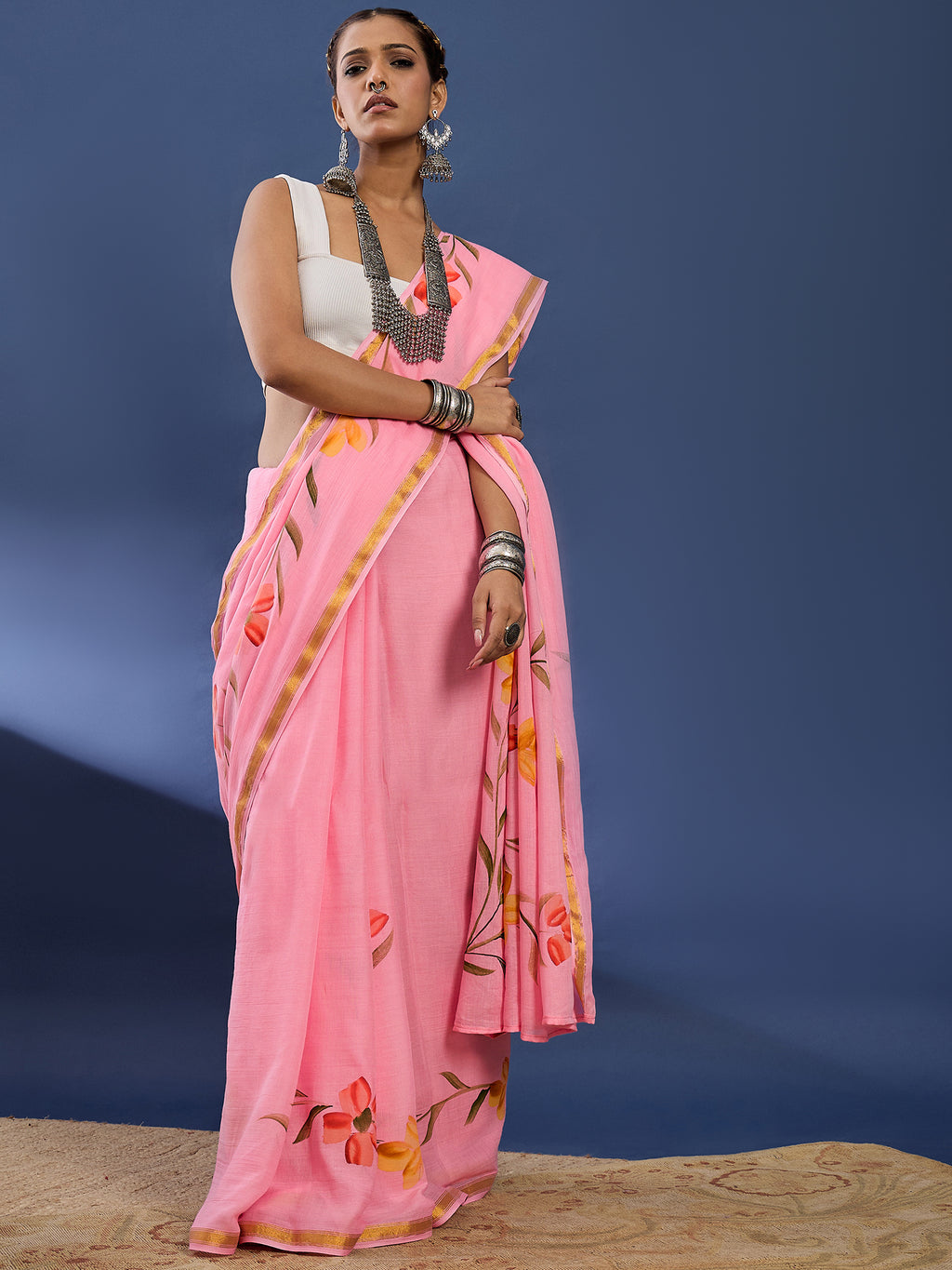 PANIHARI HAND PAINT8 SOFT MASLIN COTTON WITH HEVY ZARI BODAR PINK SAREE