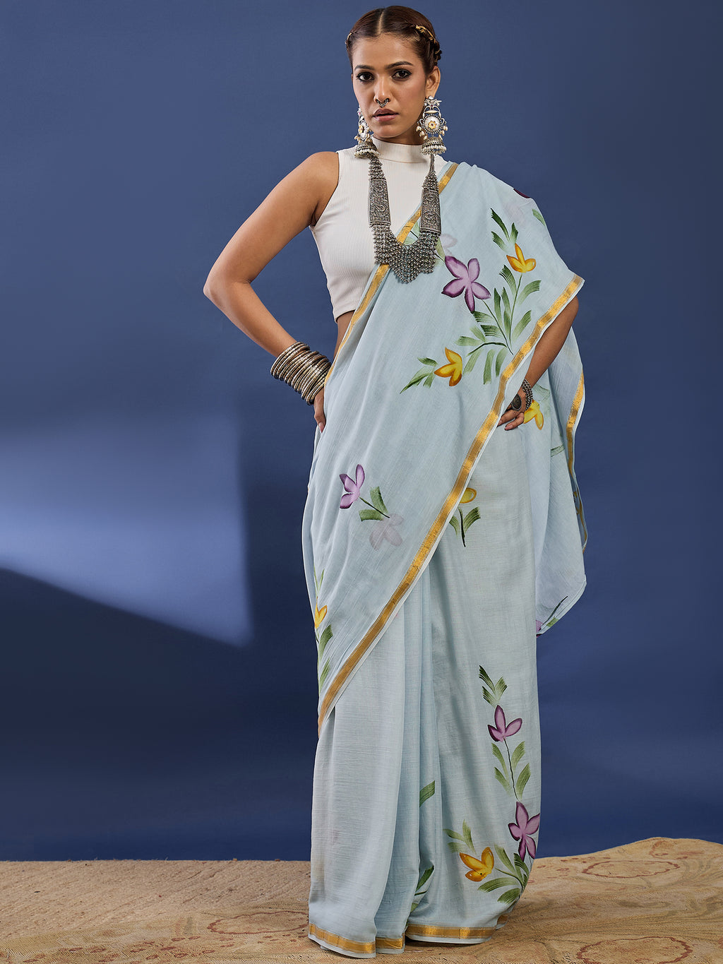 PANIHARI HAND PAINT9 SOFT MASLIN COTTON WITH HEVY ZARI BODAR GREY SAREE