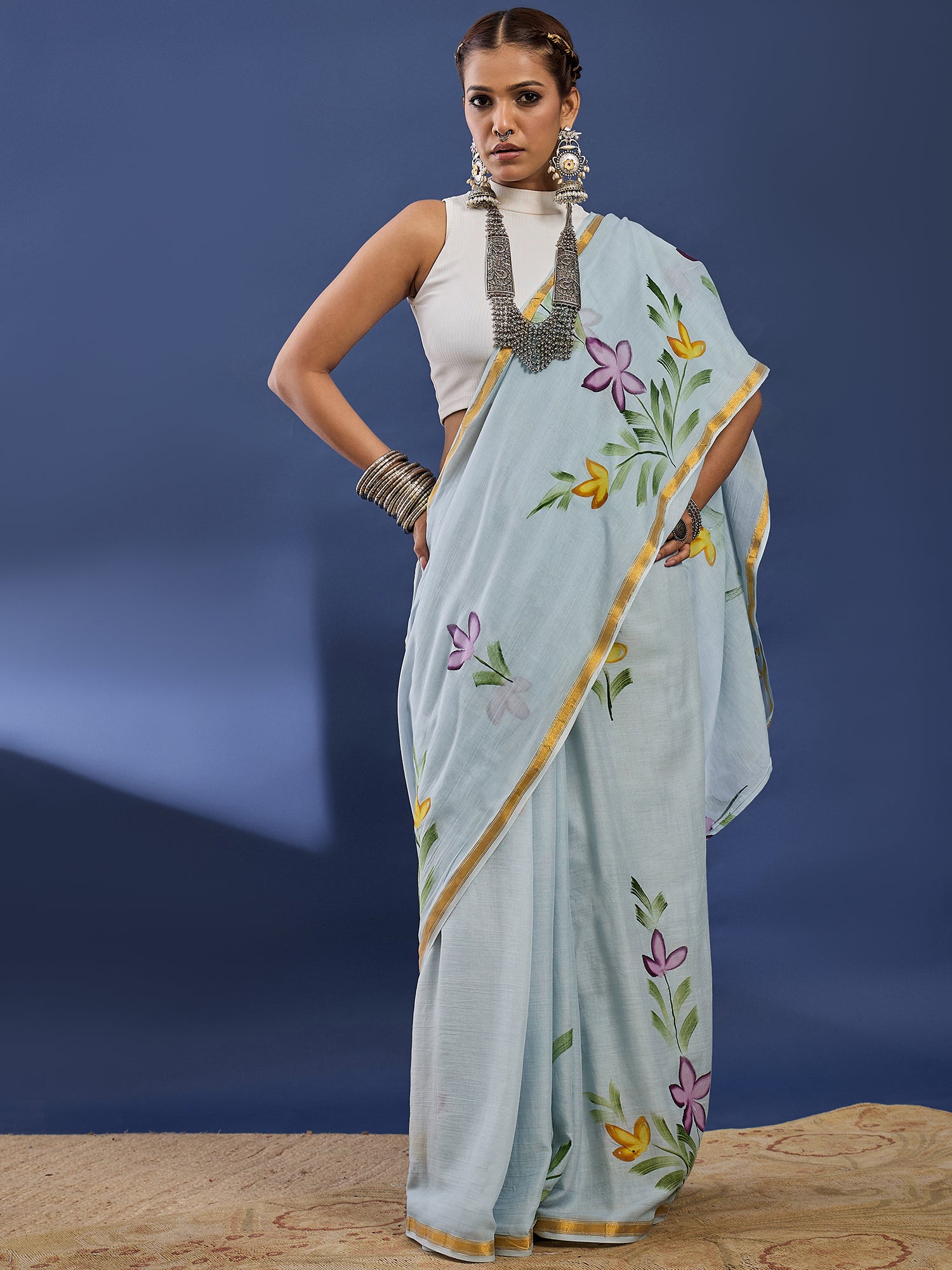 PANIHARI HAND PAINT9 SOFT MASLIN COTTON WITH HEVY ZARI BODAR GREY SAREE