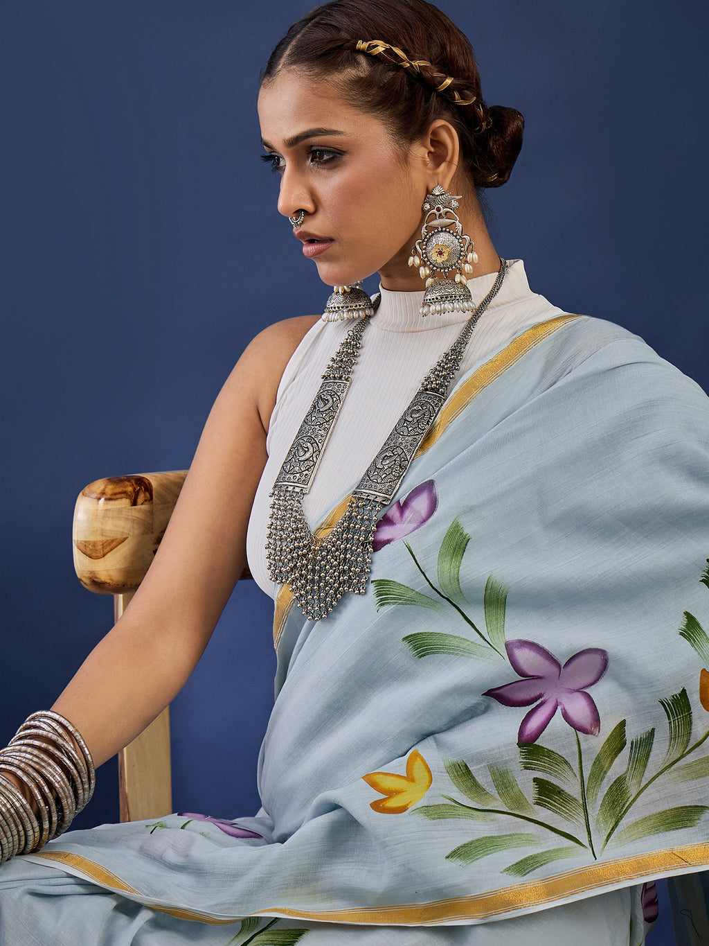 PANIHARI HAND PAINT9 SOFT MASLIN COTTON WITH HEVY ZARI BODAR GREY SAREE