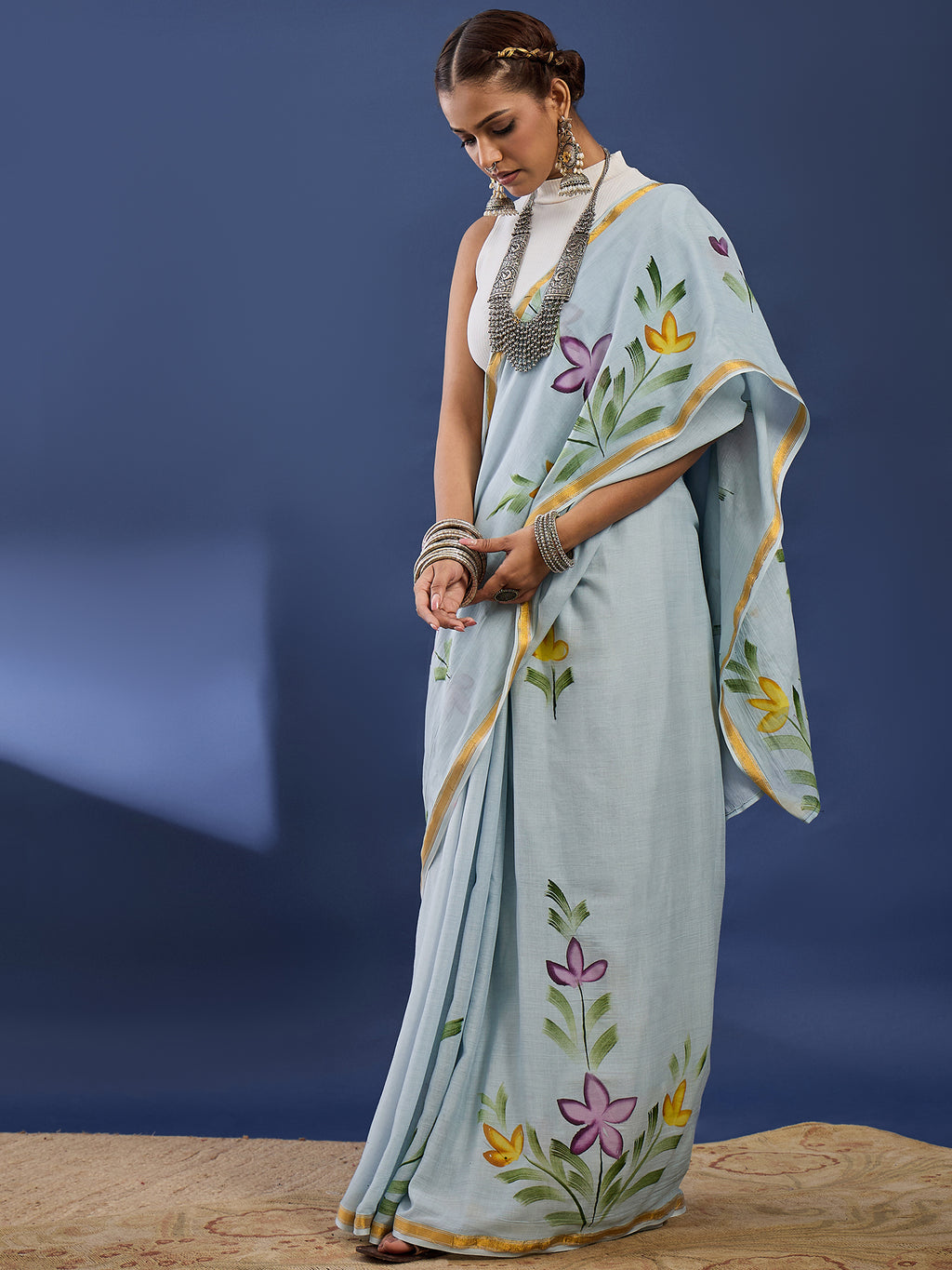 PANIHARI HAND PAINT9 SOFT MASLIN COTTON WITH HEVY ZARI BODAR GREY SAREE