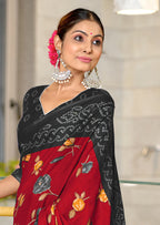 KALKI PURE MULMUL COTTON FLOWER WITH BANDHANI BLOCK PRINTD RED SAREE