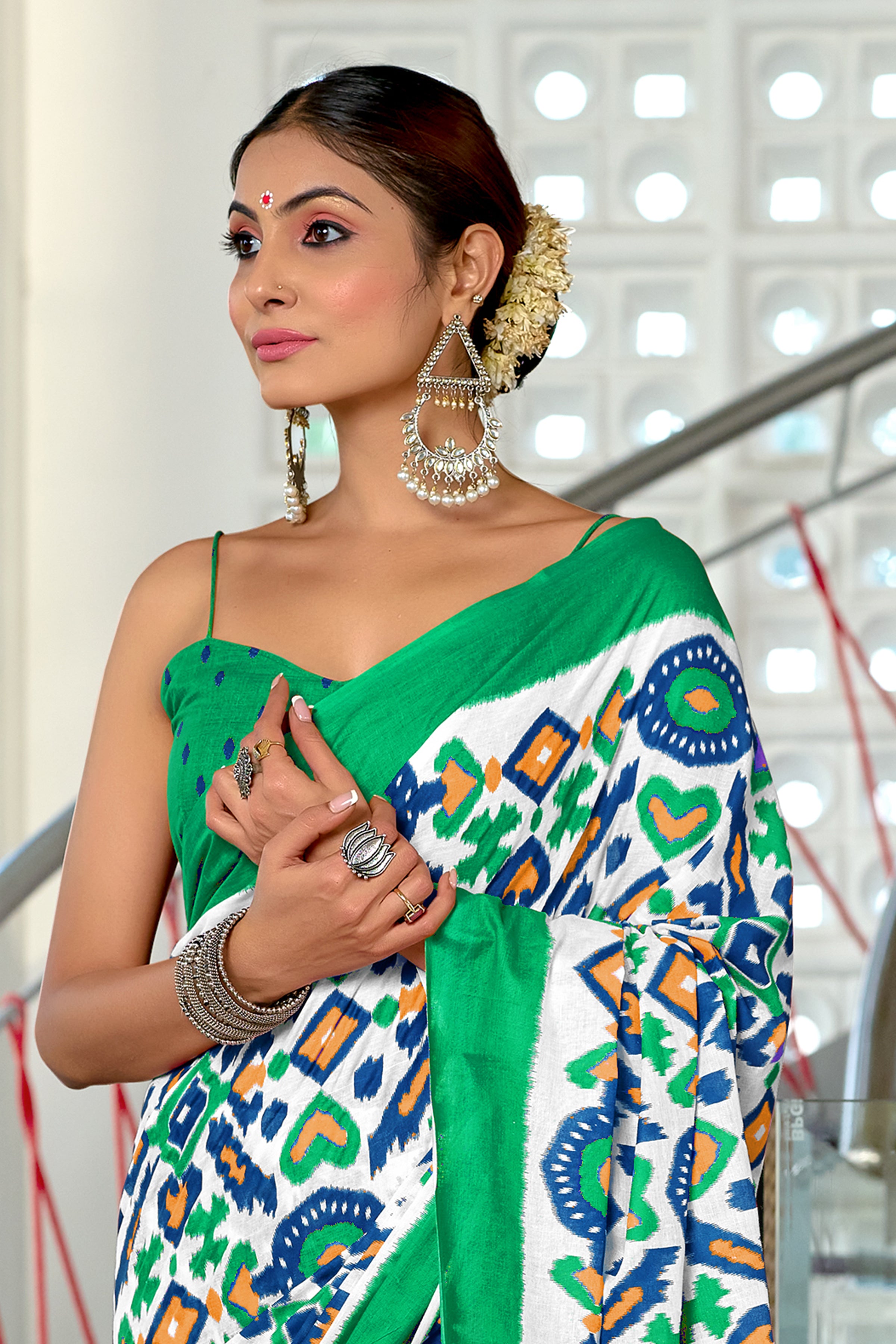 NAYANTHARA PURE MULMUL COTTON IKKAT PRINTD GREEN AND YELLOW SAREE