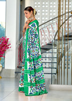 NAYANTHARA PURE MULMUL COTTON IKKAT PRINTD GREEN AND YELLOW SAREE