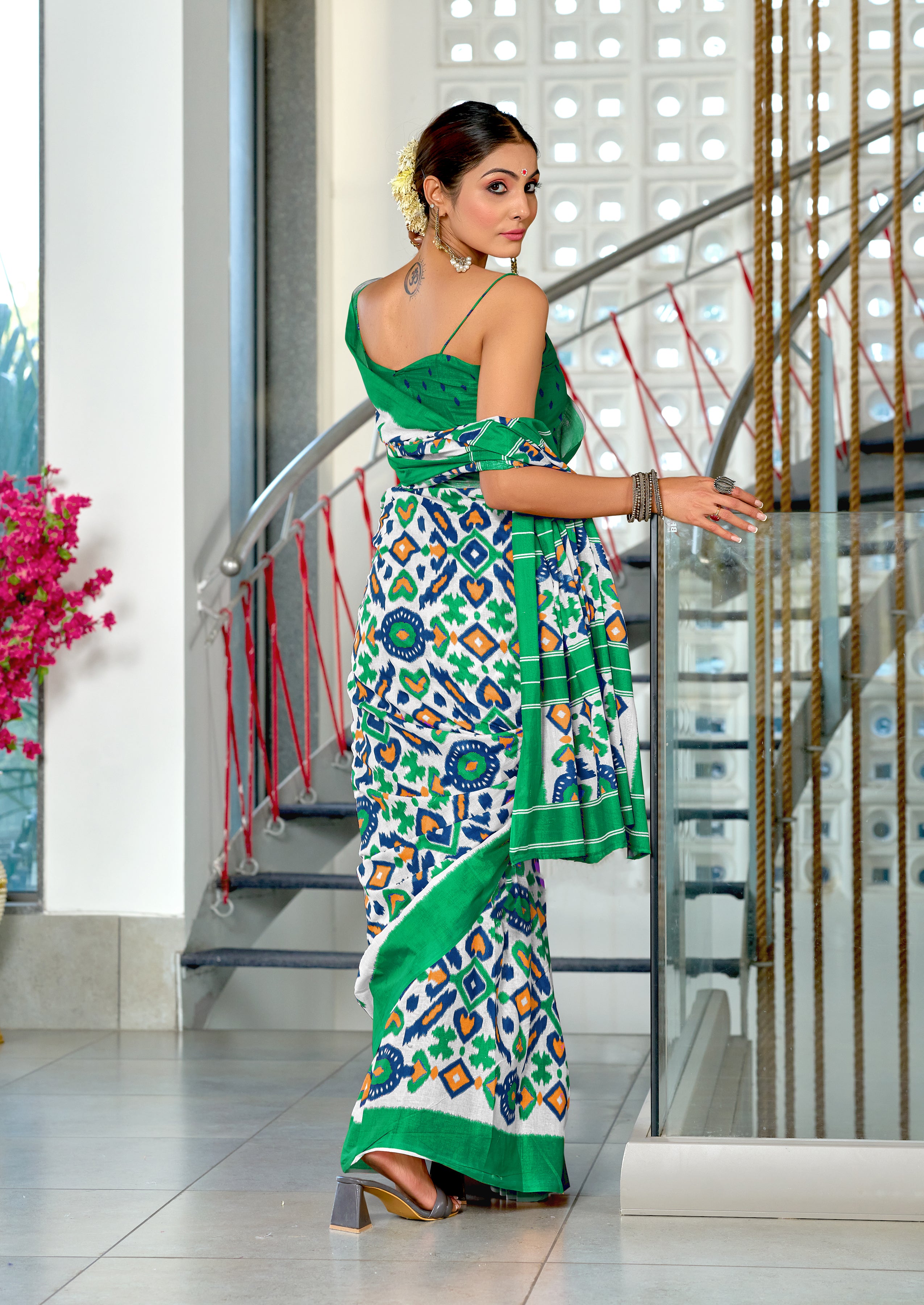 NAYANTHARA PURE MULMUL COTTON IKKAT PRINTD GREEN AND YELLOW SAREE