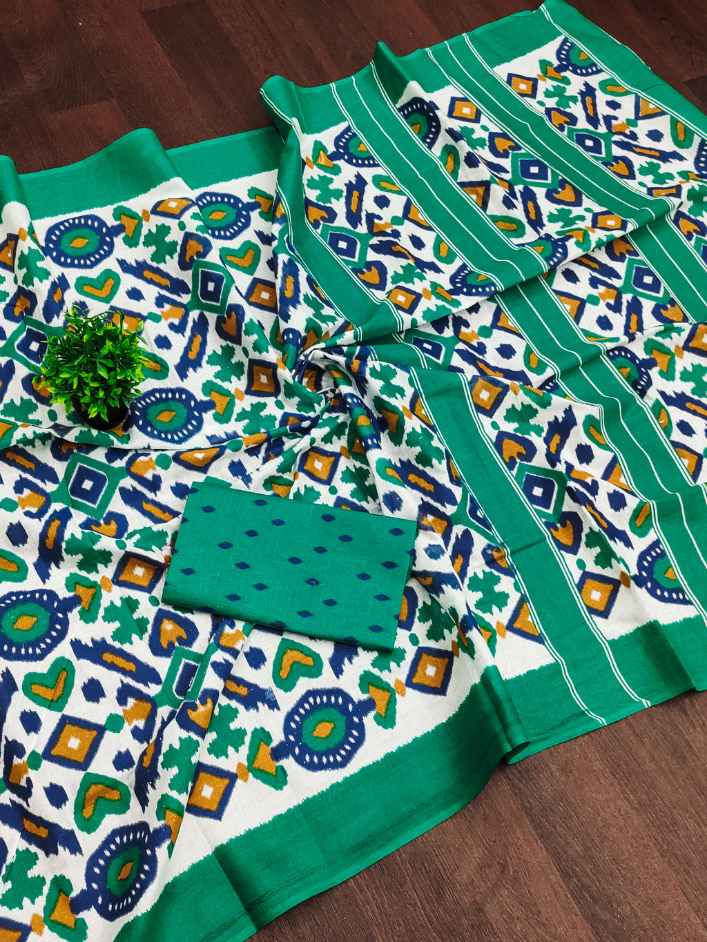 NAYANTHARA PURE MULMUL COTTON IKKAT PRINTD GREEN AND YELLOW SAREE