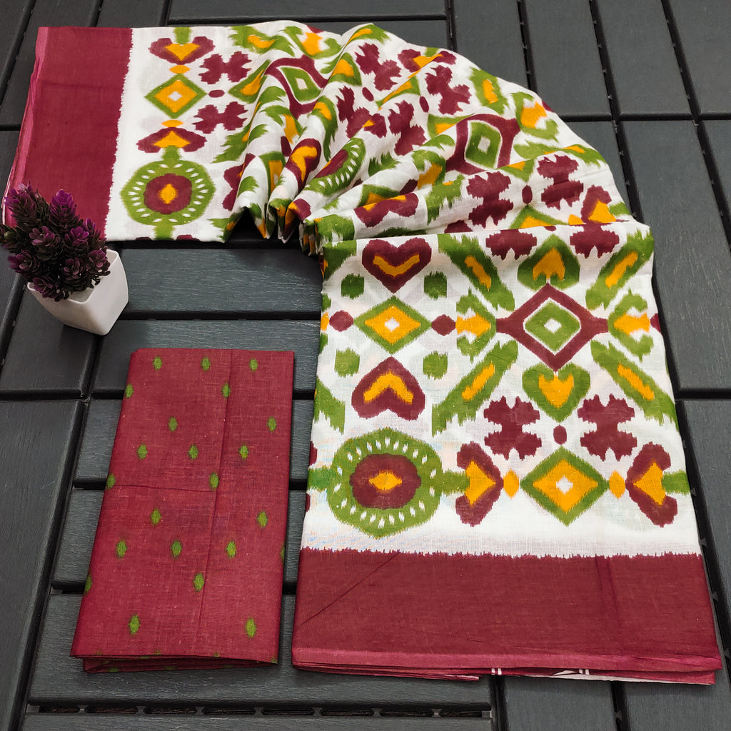 NAYANTHARA PURE MULMUL COTTON IKKAT PRINTD MARRON AND GREEN SAREE