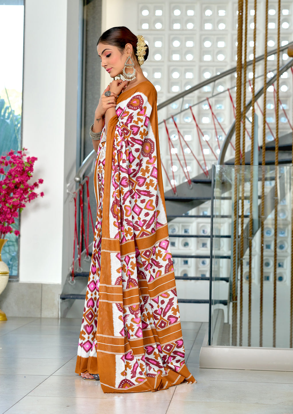 NAYANTHARA PURE MULMUL COTTON IKKAT PRINTD MUSTARD AND PINK SAREE