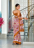 NAYANTHARA PURE MULMUL COTTON IKKAT PRINTD MUSTARD AND PINK SAREE