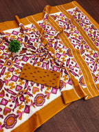 NAYANTHARA PURE MULMUL COTTON IKKAT PRINTD MUSTARD AND PINK SAREE