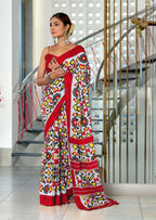 NAYANTHARA PURE MULMUL COTTON IKKAT PRINTD RED AND YELLOW SAREE