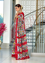 NAYANTHARA PURE MULMUL COTTON IKKAT PRINTD RED AND YELLOW SAREE