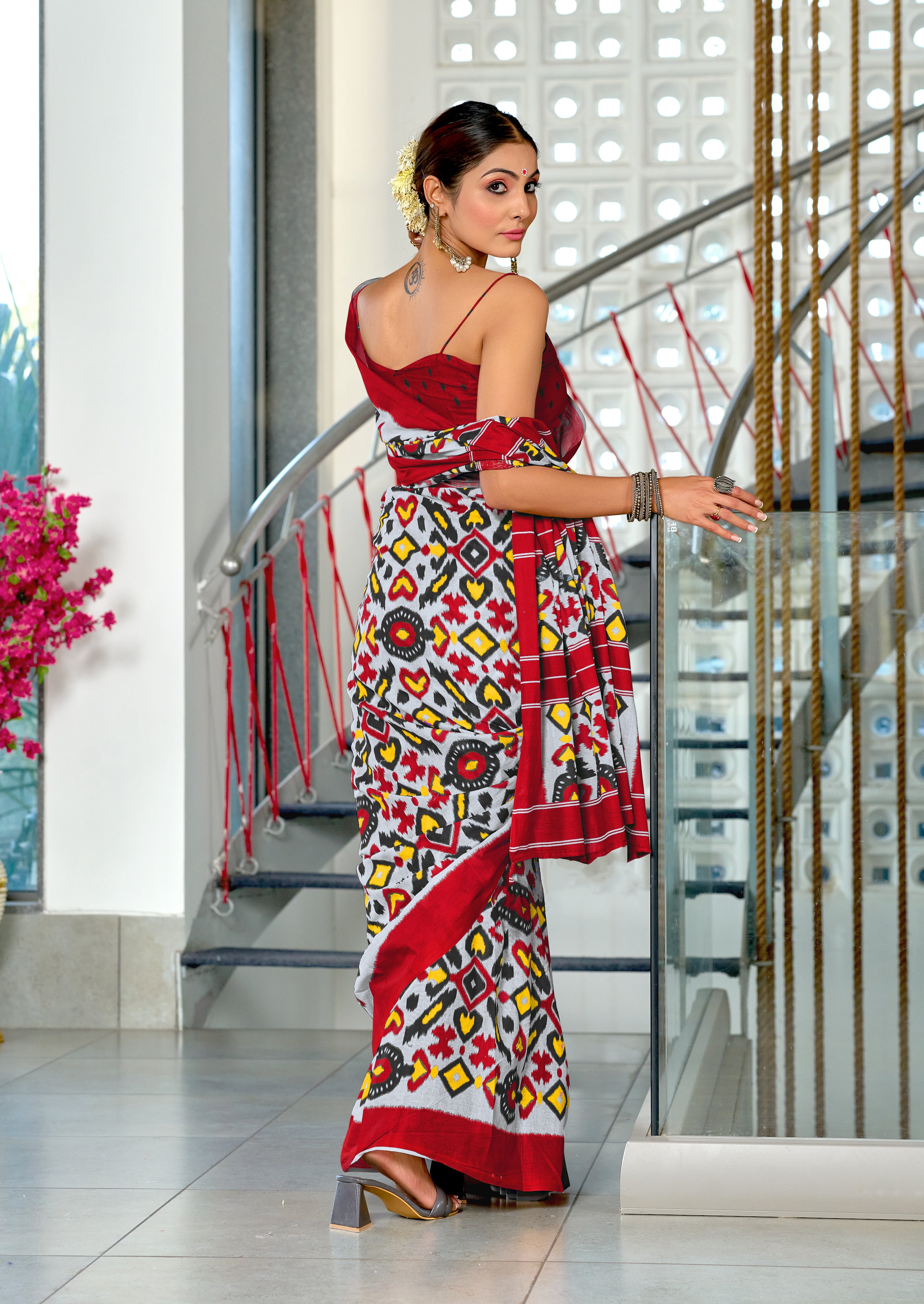 NAYANTHARA PURE MULMUL COTTON IKKAT PRINTD RED AND YELLOW SAREE